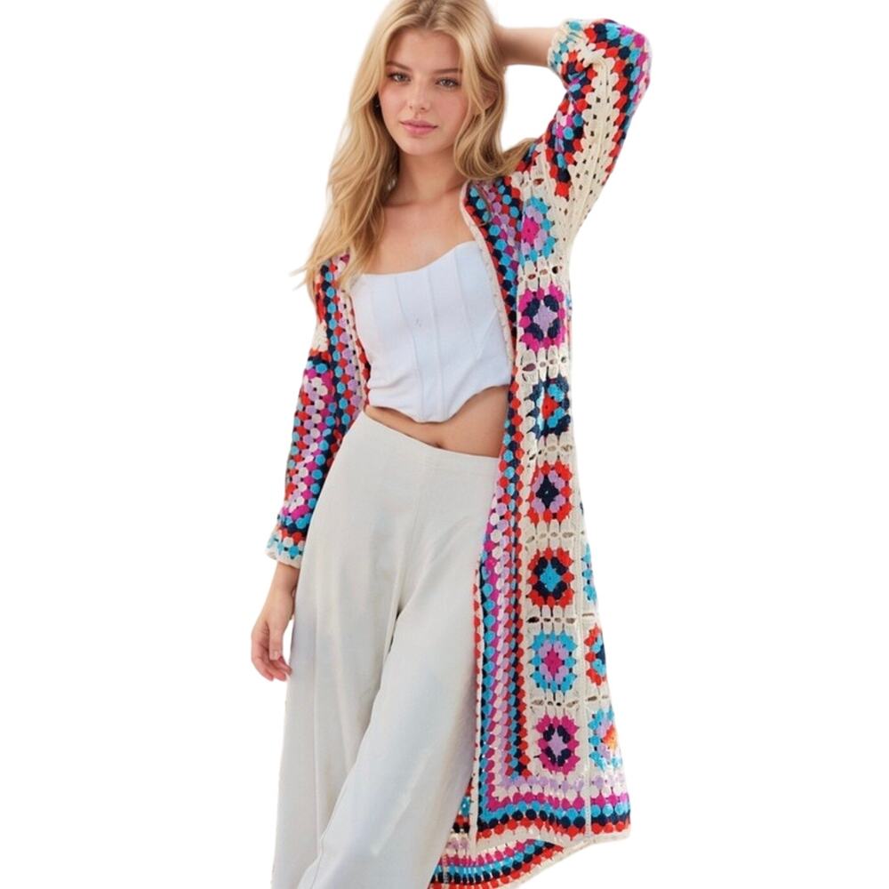 NWT DAVI & DANI Multicolor Granny Square  Boho Crochet Long Cardigan - Picture 2 of 6
